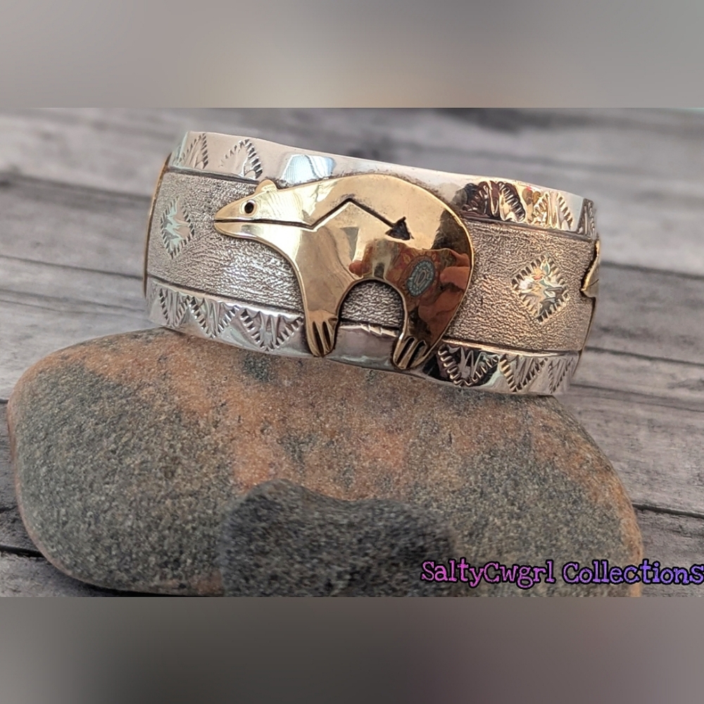 Vintage Navajo Nelson Yazzie Wide Sterling & Gold Medicine Bear Cuff
